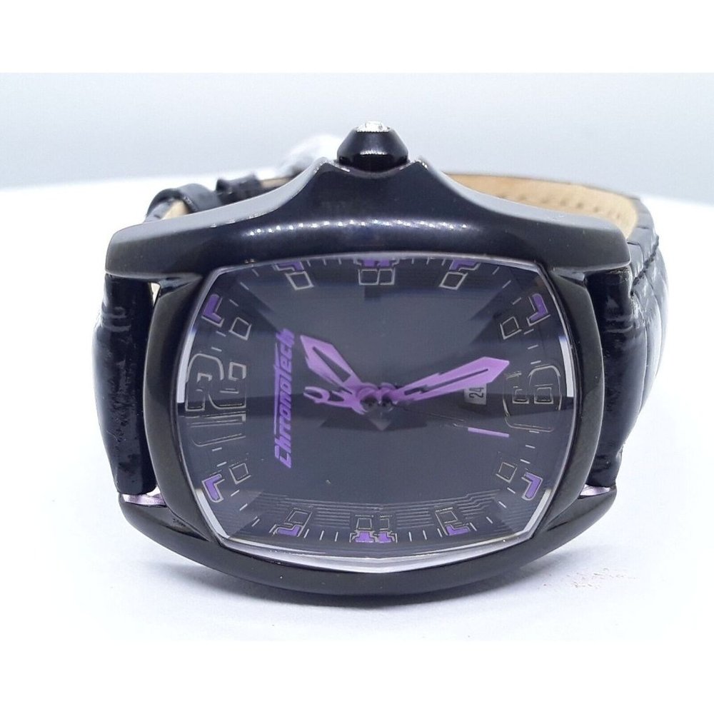 Chronotech Womens Wristwatch Leather Grey Swarovski Crystal 7107L Purple Hands